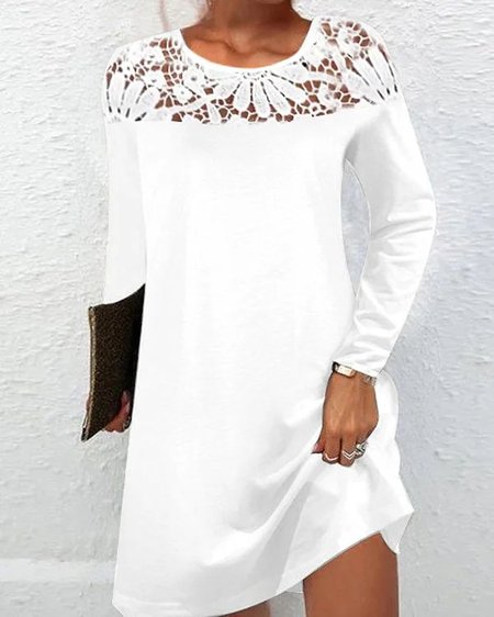 

Women Ethnic Crew Neck Long Sleeve Comfy Casual Lace Mini Dress, White, Dresses
