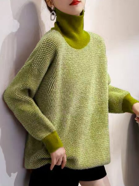 

Turtleneck Raglan Sleeves Color Block Casual Sweater, Green, Pullovers