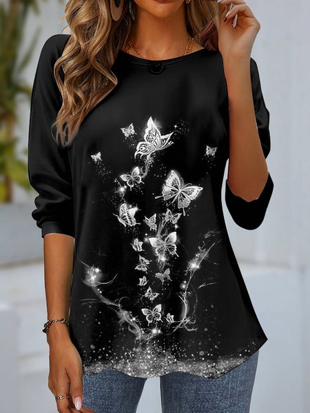 

Casual Butterfly Crew Neck Long Sleeve T-shirt, Black, Blouses