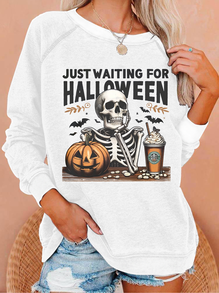 Just waiting for Halloween Crew Neck Animal Casual Sweatshirt, White, Hoodies&Sweatshirts