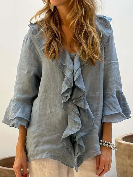 

Three Quarter Sleeve Plain Peplum Regular Loose Blouse For Women, Gray, Blouses