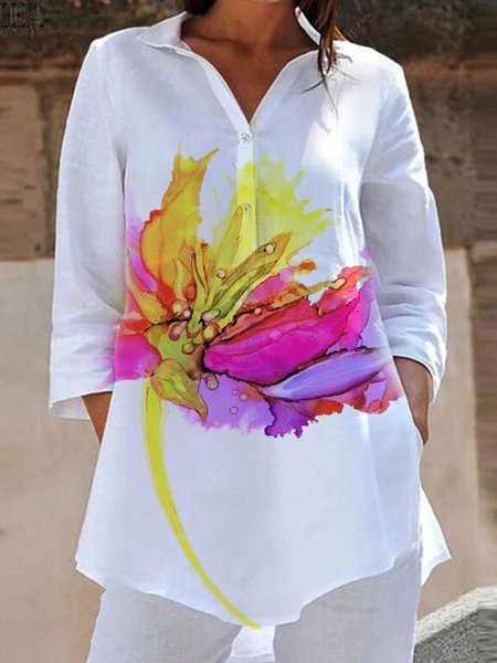 

Shawl Collar Three Quarter Sleeve Floral Regular Loose Blouse For Women, White, Blouses