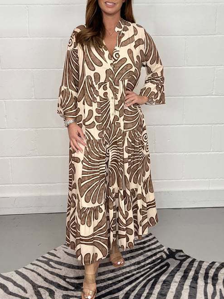 

Women Geometric Shawl Collar Half Sleeve Comfy Casual Midi Dress, Khaki, Dresses