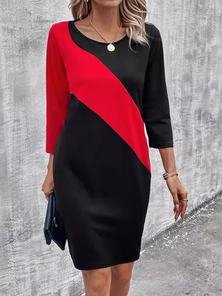 Women's Long Sleeve Spring Fall Black Color Block Crew Neck Daily Going Out Casual Midi H Line T Shirt Dress