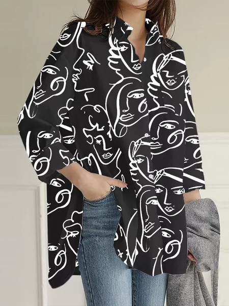 

Shirt Collar Long Sleeve Abstract Regular Loose Shirt For Women, Black, Shirts