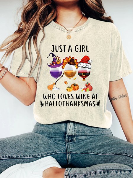 

Women's Just A Girl Who Loves Wine At Hallothanksmas Print Vintage Distressed Shirt, Off white, T-shirts