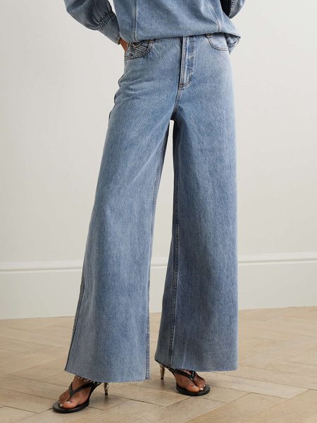 

Plain Denim High Waist Casual Pockets Wide leg Jeans, Blue, Jeans