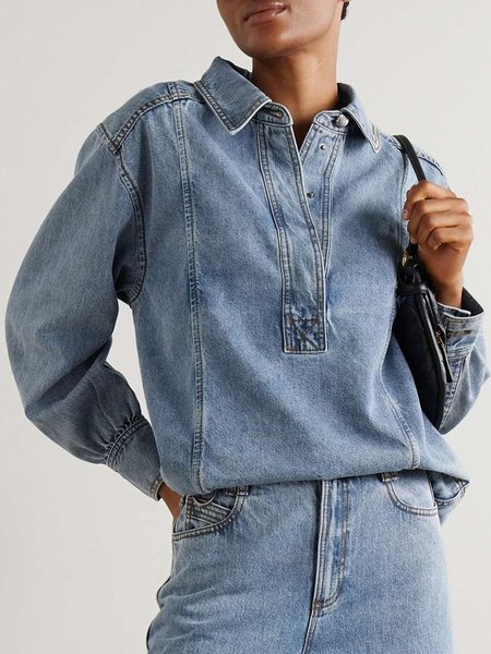 

Casual Plain Loose Shirt Collar Denim Shirt, Blue, Blouses and Shirts