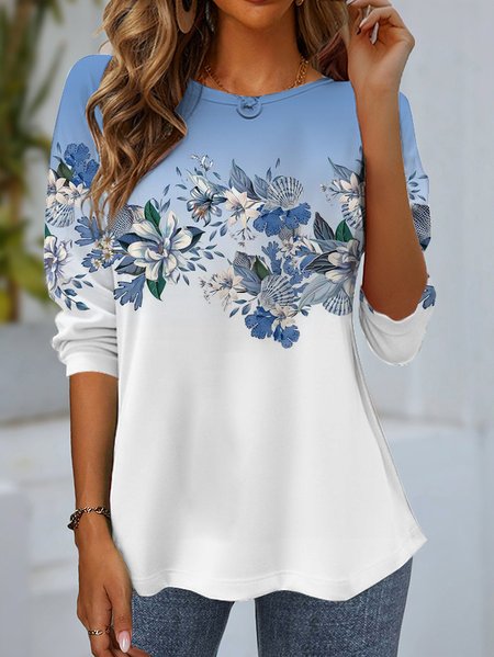 Women's Long Sleeve T shirt Spring Fall Blue Floral Jersey Crew Neck Daily Going Out Casual Top