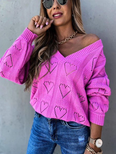 

Women's Beaded Spring/Fall Plain Casual Long Sleeve V Neck Yarn/Wool Yarn Sweater, Rose red, Sweaters