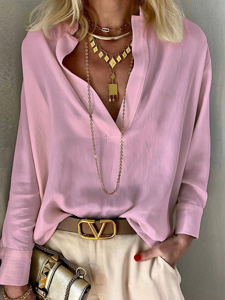 

V Neck Long Sleeve Plain Regular Loose Blouse For Women, Dusty pink, Blouses