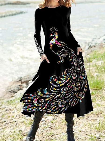 

Women Animal Crew Neck Long Sleeve Comfy Casual Maxi Dress, Black, Dresses