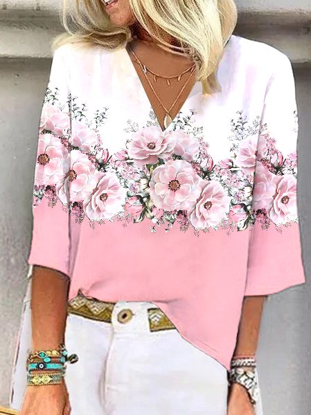 

Women's Three Quarter Sleeve Tee T-shirt Spring/Fall Floral Printing V Neck Daily Going Out Vintage Top, Pink, Tops