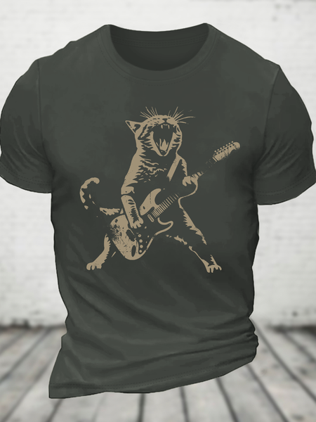 Rock Cat Playing Guitar Cotton T-Shirt, Dark gray, Tops