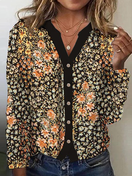 

Long Sleeve Floral Regular Loose Shirt For Women, Black, Shirts