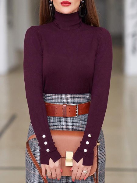 Plain Dailyl Buttoned Turtleneck Long Sleeve T-Shirt, As picture, Tees