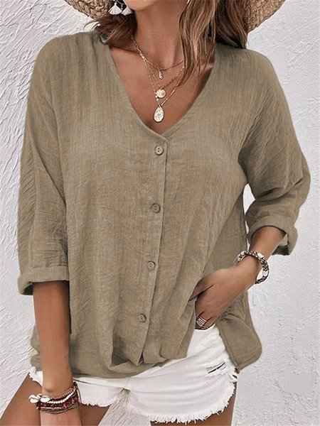 

Women Plain Long Sleeve Shirt Spring/Fall V Neck Daily Casual Top, Khaki, Blouses