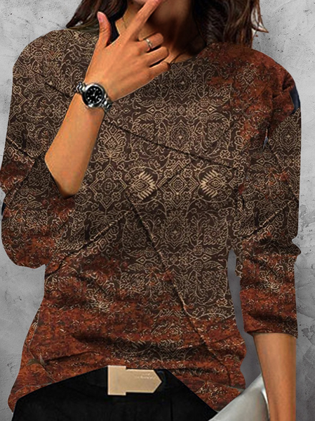 

Casual Ethnic Crew Neck Long Sleeve T-shirt, Brown, T-shirts