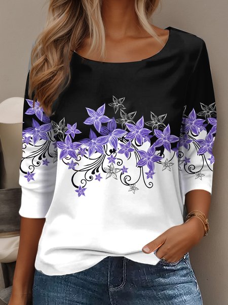 Women's Long Sleeve T shirt Spring Fall Black Floral Jersey Crew Neck Daily Going Out Casual Top