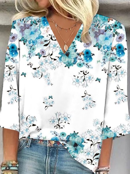 

Women's Three Quarter Sleeve Tee T-shirt Spring/Fall Floral Printing V Neck Daily Going Out Vintage Top Blue, Tops