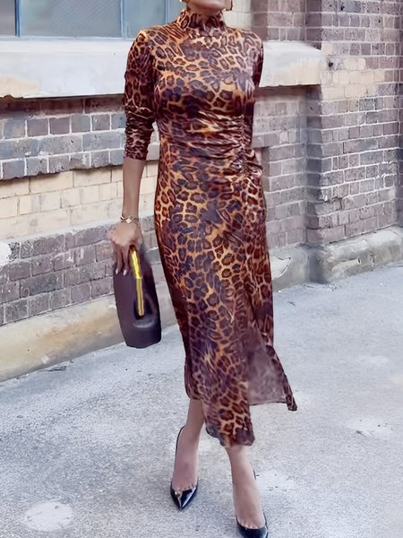 

Regular Sleeve Tight Leopard Printing Urban Dress, Maxi Dresses