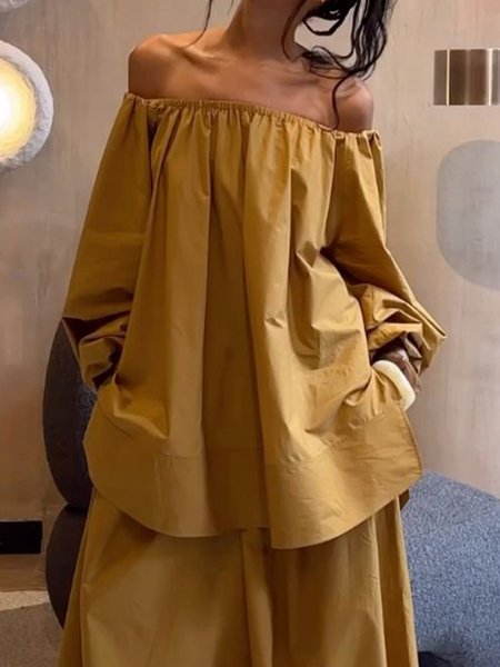 Regular Size Loose Casual Off Shoulder Sleeve Blouse, Khaki, Blouses and Shirts