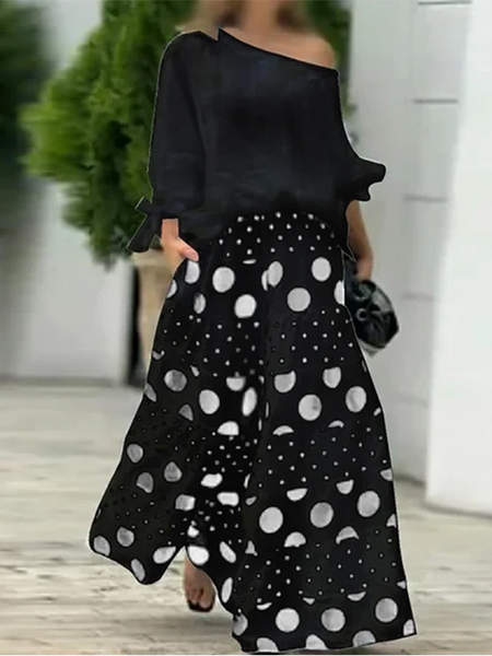 

Women Polka Dots Three Quarter Sleeve Comfy Casual Top With Skirt Two-Piece Set, Black, Sets