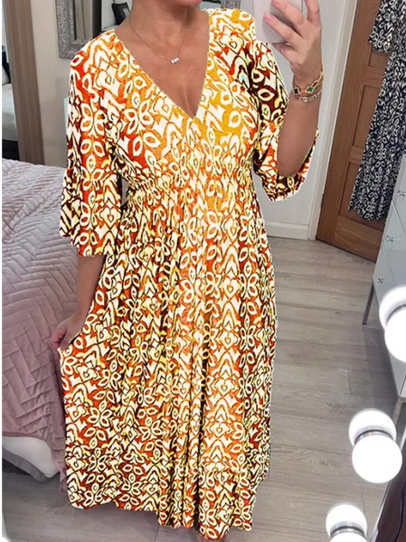 

Women Ethnic V Neck Three Quarter Sleeve Comfy Casual Maxi Dress, Yellow, Dresses