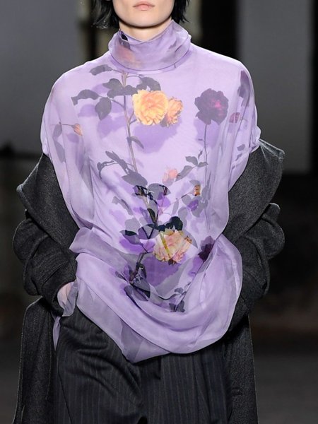 

Turtleneck Printing Casual Regular Sleeve Loose Double Layered Blouse, Purple, Blouses and Shirts