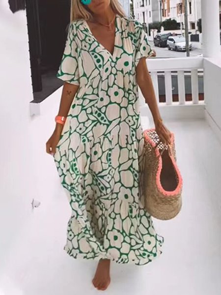

Women Ethnic V Neck Short Sleeve Comfy Casual Maxi Dress, Green, Dresses