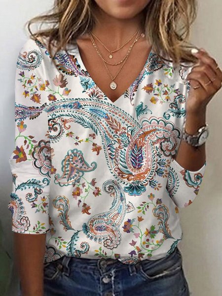 

Women's Long Sleeve Tee T-shirt Spring/Fall Paisley Jersey V Neck Daily Going Out Casual Top White, T-Shirts