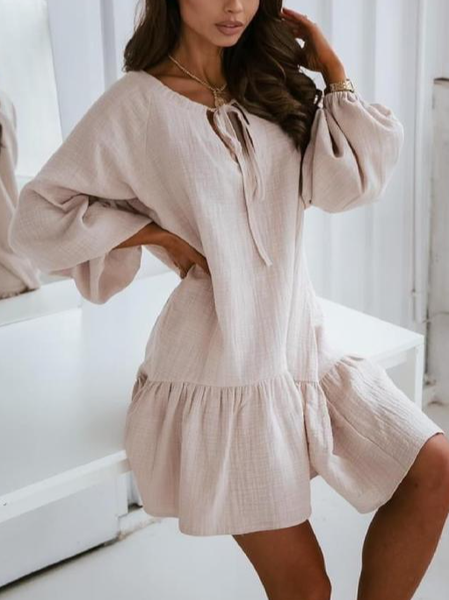 

Women Plain V Neck Long Sleeve Comfy Casual Mini Dress, Apricot, Dresses