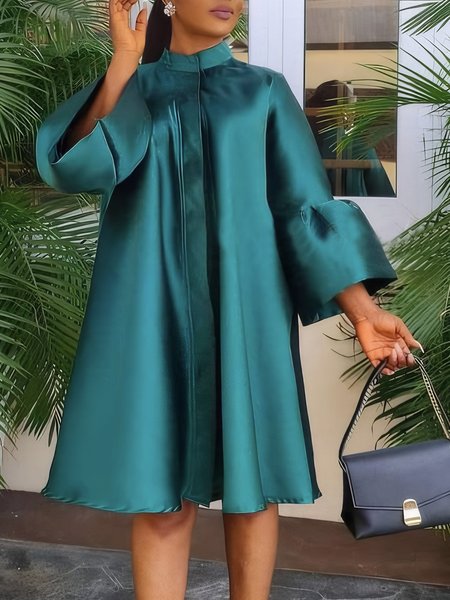 

Buttoned Stand Collar Elegant Loose Shirt Dress, Green, Midi Dresses