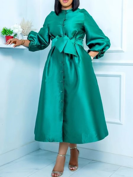 

Crew Neck Regular Fit Balloon Sleeve Elegant Shirt Dress With Belt, Cyan, Maxi Dresses