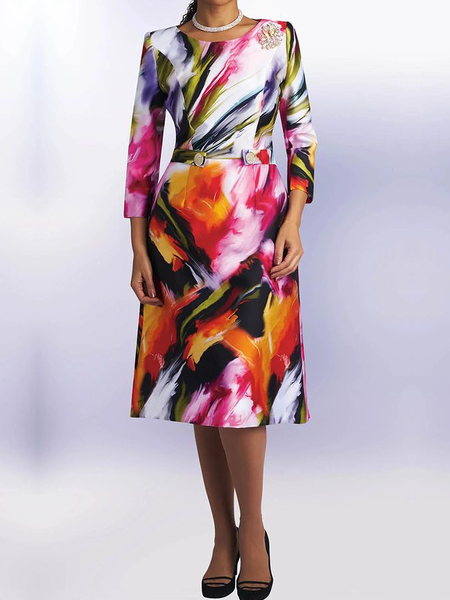 

Regular Fit Regular Sleeve Elegant Crew Neck Three Quarter Sleeve Abstract Dress, As picture, Midi Dresses