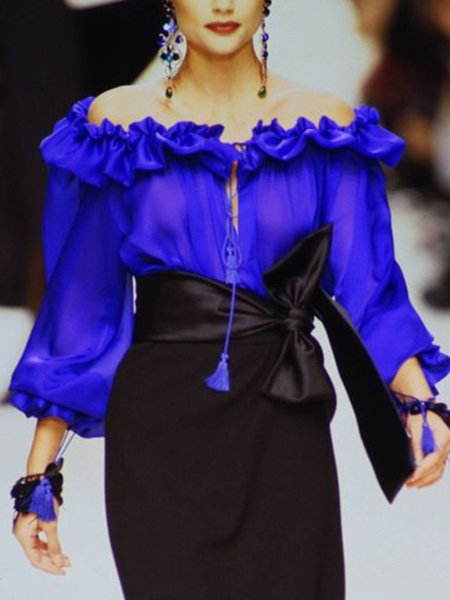 

Cold Shoulder Off Shoulder Sleeve Gathered Elegant Plain Blouse, Blue, Blouses and Shirts
