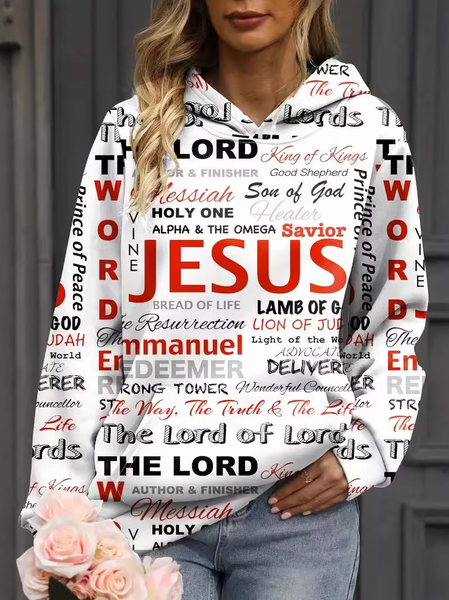 Casual Hoodie Text Letters Sweatshirt, White, Sweaters