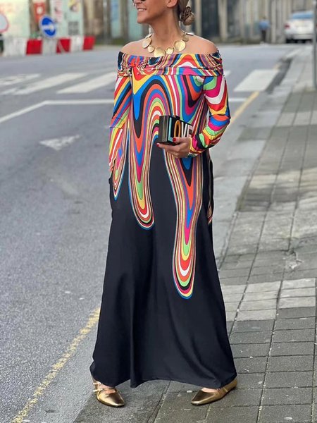 

Off Shoulder Sleeve Random Print Loose Casual Maxi Dress, As picture, Maxi Dresses
