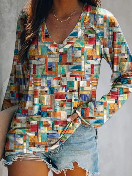 

Casual Geometric V Neck Long Sleeve T-shirt, Multicolor, T-shirts