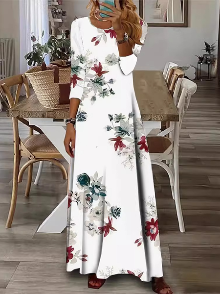 

Women Floral Crew Neck Long Sleeve Comfy Casual Maxi Dress, White, Dresses