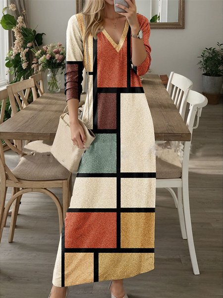 

Women Abstract Graphic V Neck Long Sleeve Comfy Casual Maxi Dress, Color1, Maxi