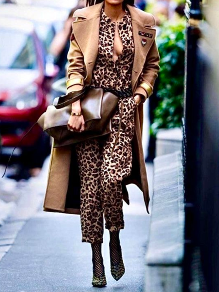 

Pocket Stitching Shawl Collar Leopard Casual Long Sleeve Jumpsuit, Brown, Jumpsuits