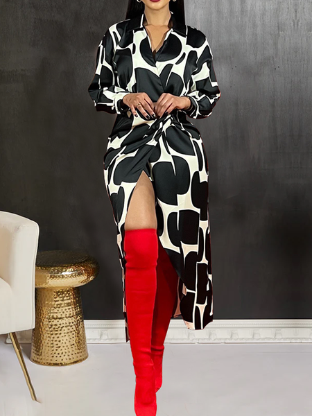 

Elegant Polka Dots Shirt Collar Long Sleeve Regular Sleeve Midi Dress, Black, Midi Dresses
