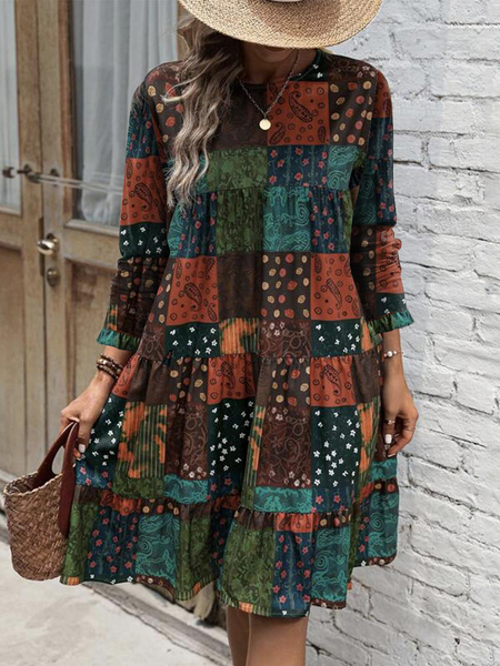 

Women's Long Sleeve Spring/Fall Ethnic Jersey Dress Crew Neck Daily Going Out Casual Mini A-Line, Wine red, Dresses