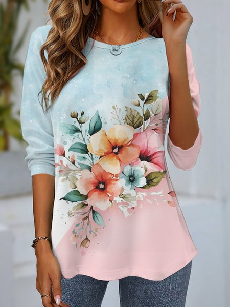 Women's Long Sleeve T shirt Spring Fall Pink Floral Jersey Crew Neck Daily Going Out Casual Top