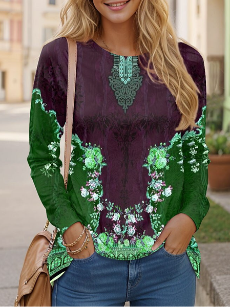 

Casual Ethnic Crew Neck Long Sleeve T-shirt, Green, T-shirts