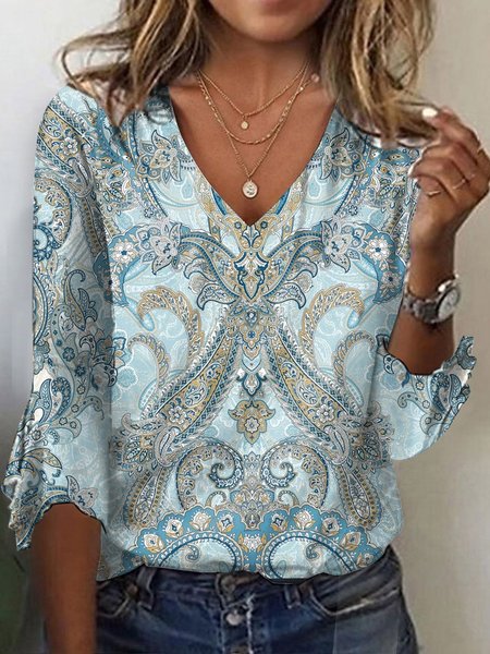 

Women's Three Quarter Sleeve Tee T-shirt Spring/Fall Paisley Jersey V Neck Daily Going Out Casual Top Green, T-Shirts