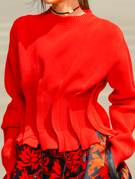Acrylic Loose Crew Neck Regular Sleeve Casual Sweater, Red, Pullovers