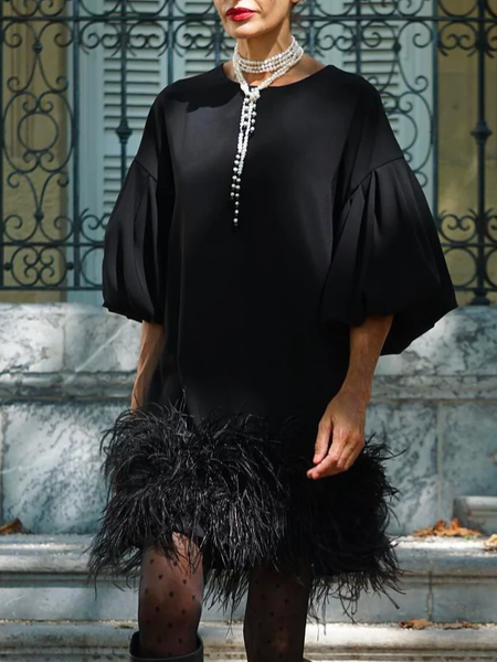 

Feather-Trimmed Balloon Sleeve Loose Elegant Dress, Black, Mini Dresses