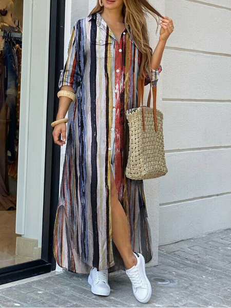 

Women Striped Shirt Collar Long Sleeve Comfy Casual Maxi Dress, Multicolor, Dresses